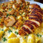 Cheesy Garlic Butter Chicken Bites with Rigatoni in Alfredo Sauce