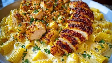 Cheesy Garlic Butter Chicken Bites with Rigatoni in Alfredo Sauce