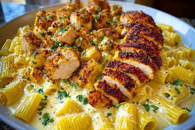 Cheesy Garlic Butter Chicken Bites with Rigatoni in Alfredo Sauce
