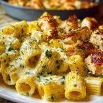 Cheesy Garlic Butter Chicken Rigatoni in Creamy Alfredo Sauce