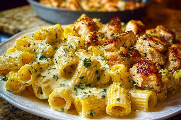 Cheesy Garlic Butter Chicken Rigatoni in Creamy Alfredo Sauce