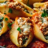 Cheesy Ground Turkey & Spinach Stuffed Shells