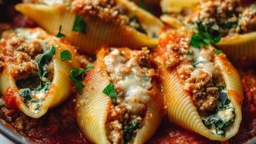 Cheesy Ground Turkey & Spinach Stuffed Shells