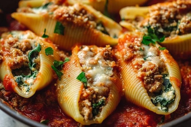 Cheesy Ground Turkey & Spinach Stuffed Shells