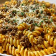 Cheesy Rotini Pasta with Garlic Butter Sauce and Ground Beef