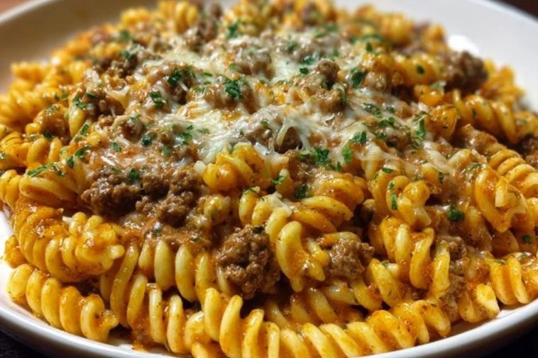 Cheesy Rotini Pasta with Garlic Butter Sauce and Ground Beef