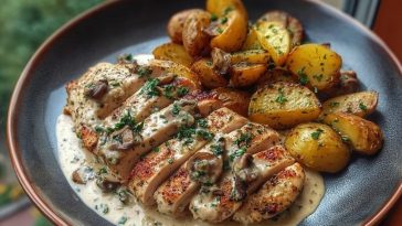 Chestnut Garlic Greek Chicken Alfredo with Sage Potatoes & Mushroom Basil Pesto