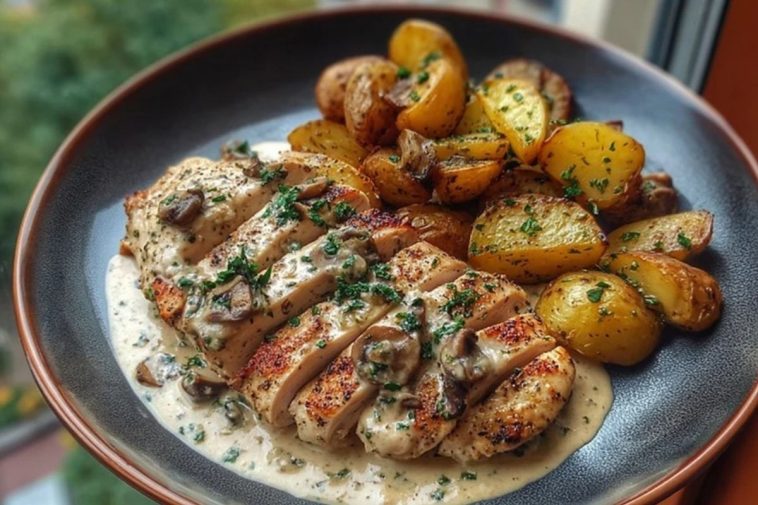 Chestnut Garlic Greek Chicken Alfredo with Sage Potatoes & Mushroom Basil Pesto