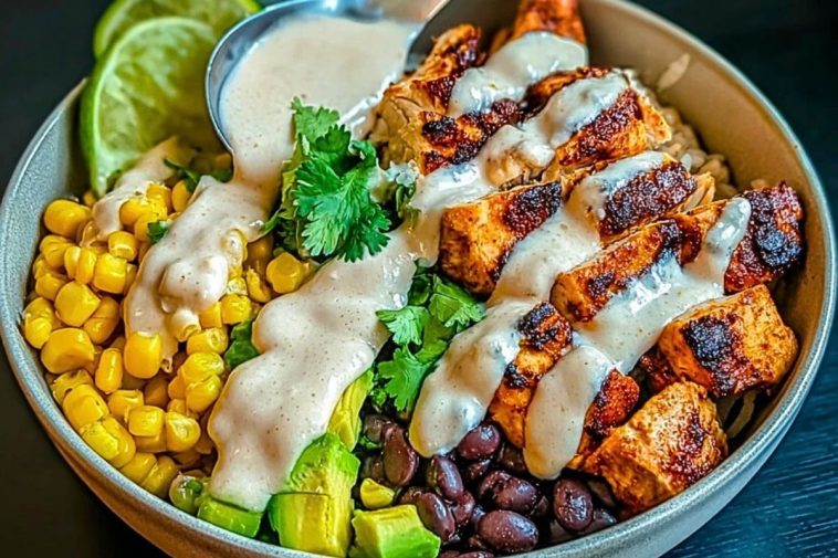 Chipotle Chicken Bowl with Black Beans, Corn, & Creamy Sauce