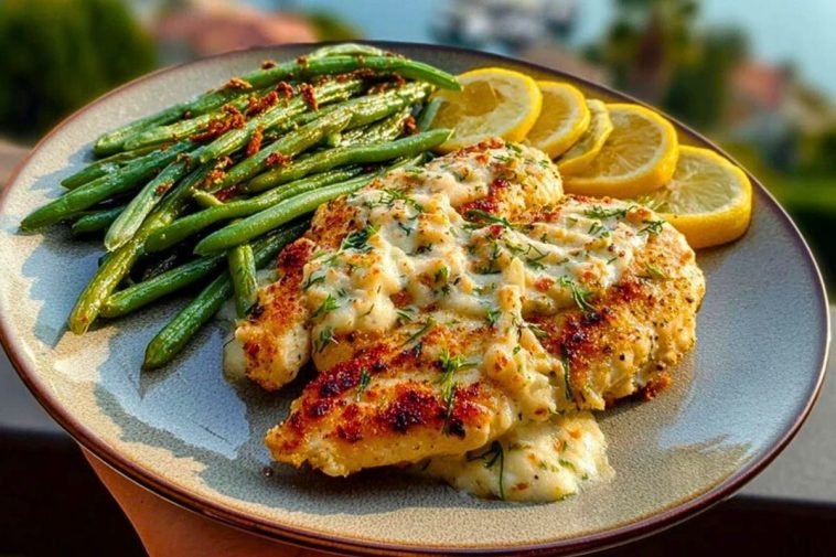 Coconut-Lemon Chicken Alfredo with Chili Feta Cream & Crispy Parmesan Green Beans