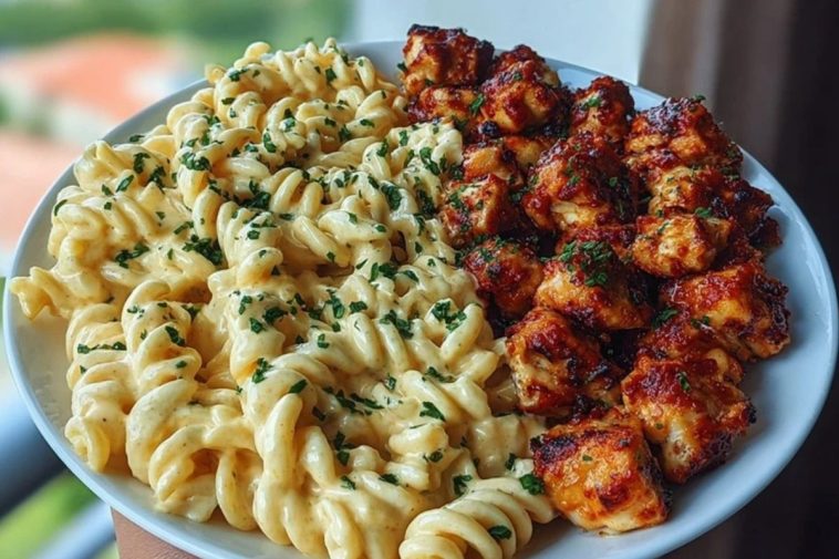 Creamy Cajun Alfredo Pasta with Garlic Butter Chicken Bites