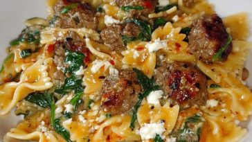 Creamy Garlic Butter Beef Bowtie Pasta with Italian Sausage & Spinach