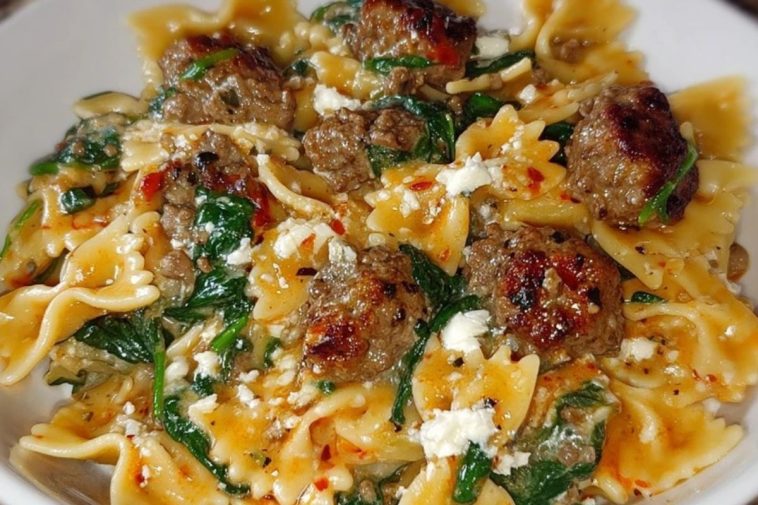 Creamy Garlic Butter Beef Bowtie Pasta with Italian Sausage & Spinach