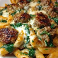 Creamy Garlic Butter Beef Penne with Sausage and Spinach