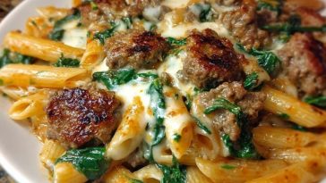 Creamy Garlic Butter Beef Penne with Sausage and Spinach