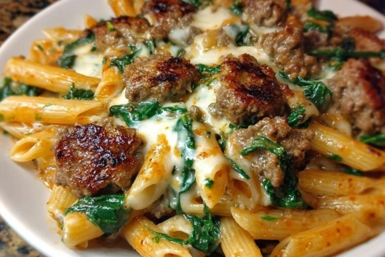 Creamy Garlic Butter Beef Penne with Sausage and Spinach