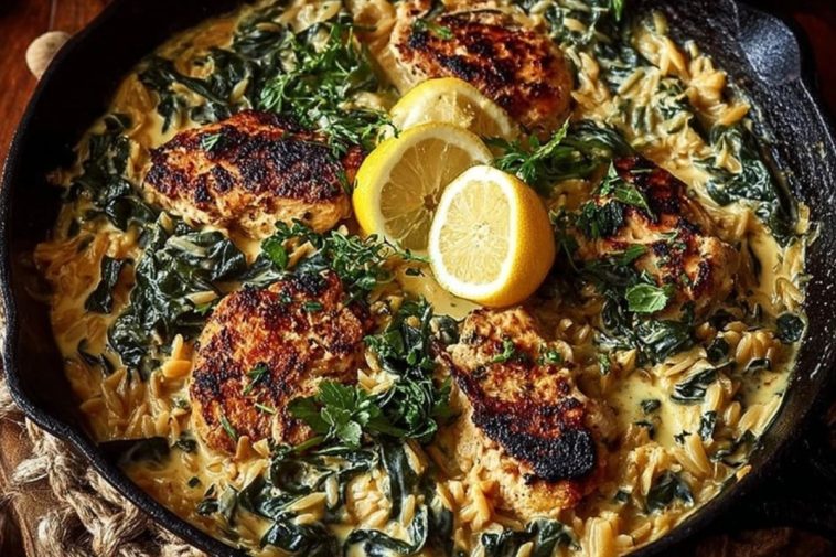 Creamy Lemon Chicken with Orzo & Greens