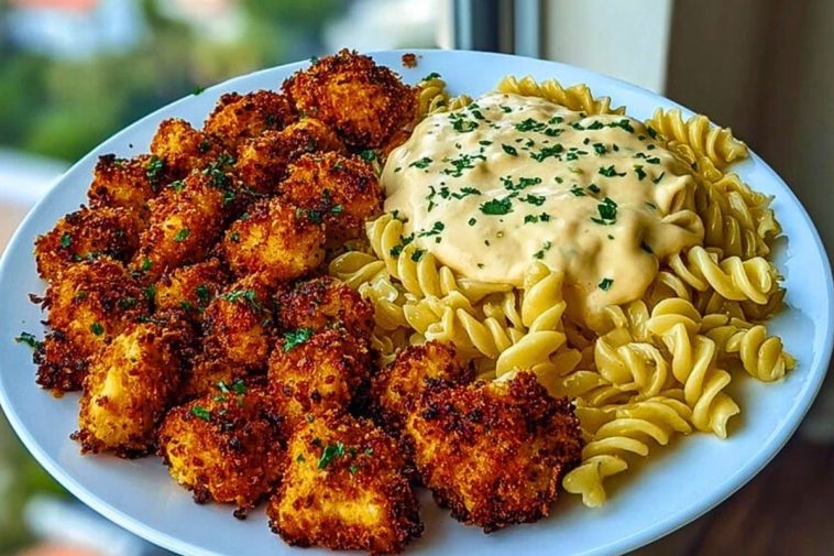 Crispy Parmesan Chicken Bites with Smoky Cajun Alfredo Gemelli