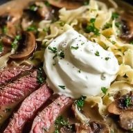 Easy Flank Steak and Mushroom Soup with Sour Cream and Cabbage Noodles
