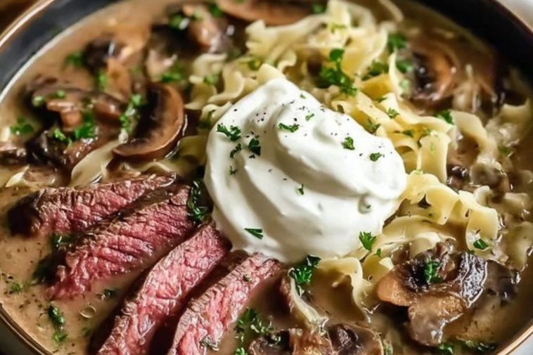 Easy Flank Steak and Mushroom Soup with Sour Cream and Cabbage Noodles