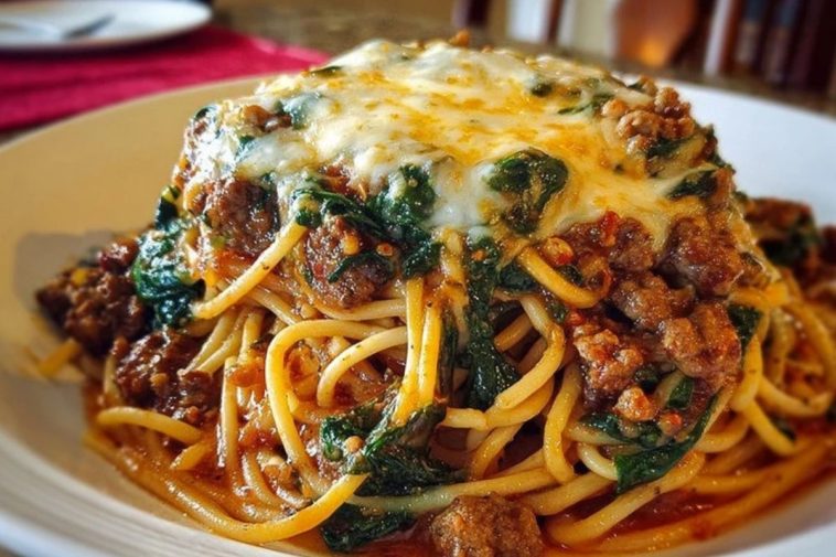 Garlic Butter Spaghetti with Cheesy Italian Sausage and Spinach