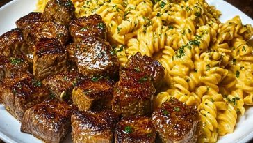 Garlic Butter Steak Bites with Spicy Cajun Alfredo Twisted Pasta