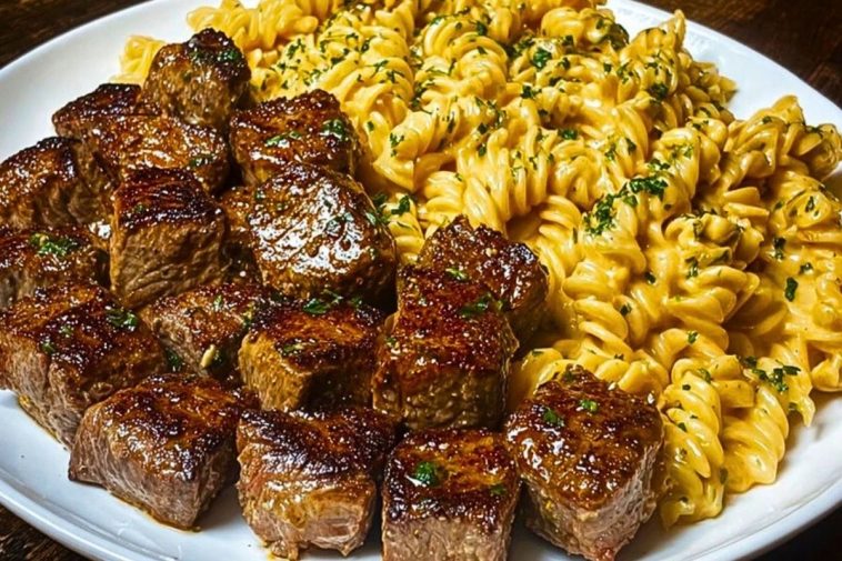 Garlic Butter Steak Bites with Spicy Cajun Alfredo Twisted Pasta