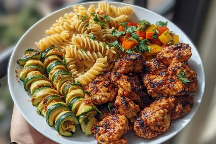 Garlic Chili Oil Chicken Bites & Cajun Alfredo with Charred Zucchini Twists