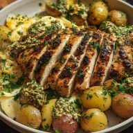 Greek Chicken Alfredo & Garlic Potatoes with Spicy Hot Honey Tahini Pesto