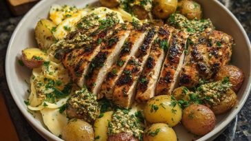 Greek Chicken Alfredo & Garlic Potatoes with Spicy Hot Honey Tahini Pesto