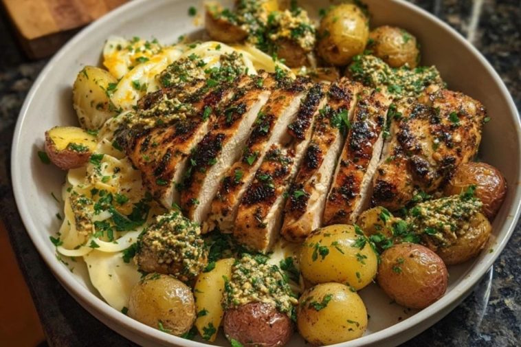Greek Chicken Alfredo & Garlic Potatoes with Spicy Hot Honey Tahini Pesto