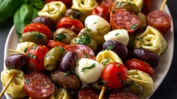 Italian Antipasto Skewers with Marinated Tortellini and Mozzarella