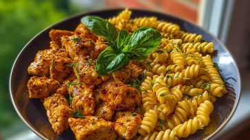 Lemon Pepper Chicken Bites & Roasted Red Pepper Cajun Alfredo Twists