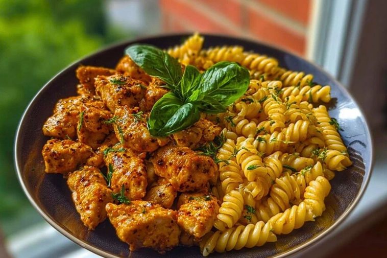 Lemon Pepper Chicken Bites & Roasted Red Pepper Cajun Alfredo Twists