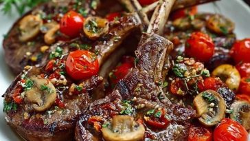 Marinated Greek Lamb Chops with Mushrooms and Tomatoes