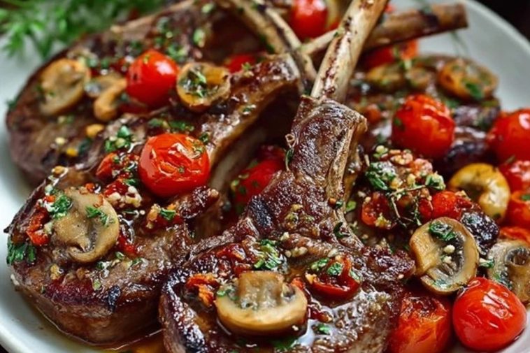 Marinated Greek Lamb Chops with Mushrooms and Tomatoes