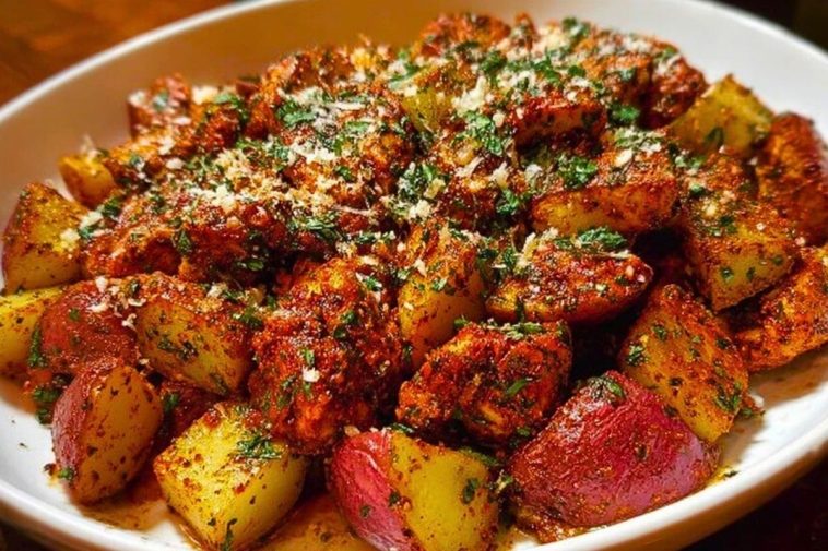 Oven-Roasted Cajun Chicken and Garlic Potatoes with Parmesan
