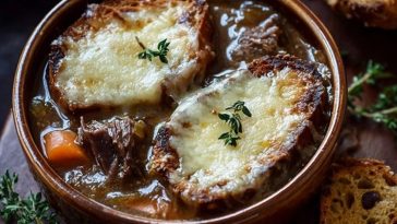Rich French Onion Soup with Tender Short Ribs & Gruyère Bread