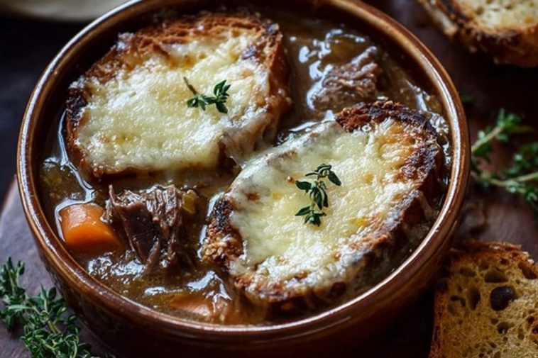 Rich French Onion Soup with Tender Short Ribs & Gruyère Bread