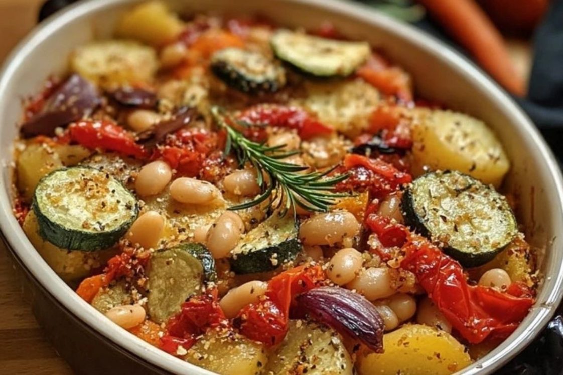 Ve Table Cook Rustic Roasted Vegetable Bake with Cannellini Beans