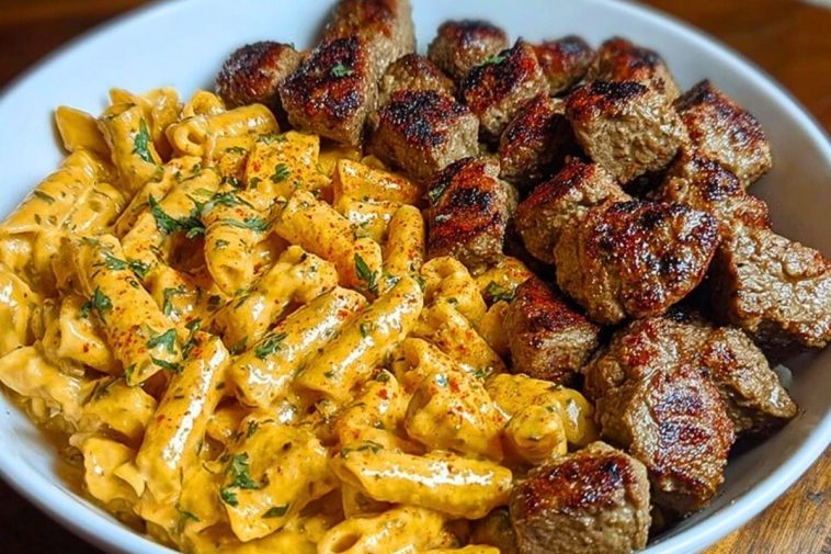 Savory Cajun Steak Tips with Cheesy Penne Parmesan Sauce