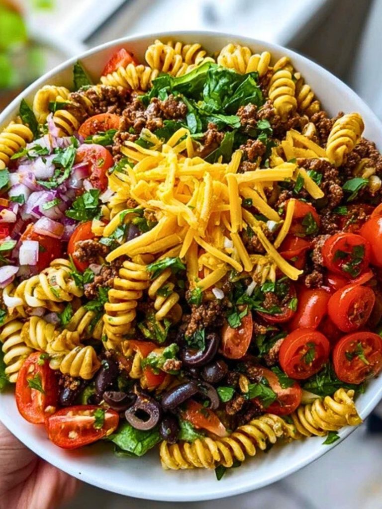 Seasoned Ground Beef Taco Pasta Salad Bowl