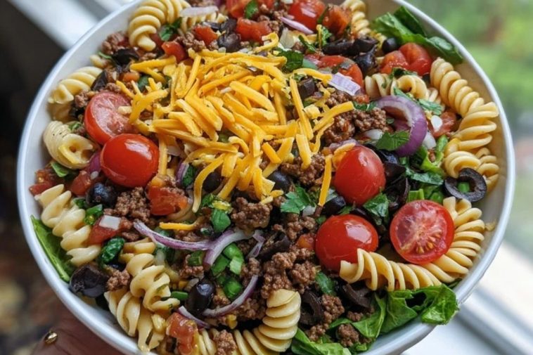 Seasoned Ground Beef Taco Pasta Salad Bowl