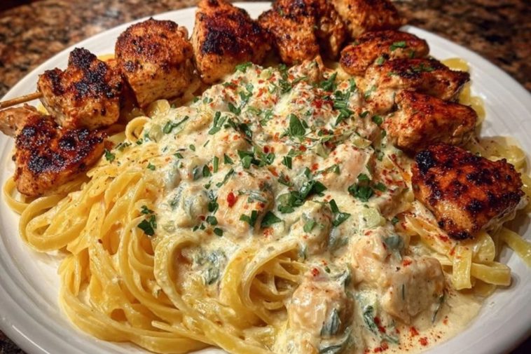Spicy Cheesy Garlic Butter Chicken with Linguine in Four-Cheese Sauce