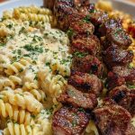 Steak Bites and Cheesy Rotini in Garlic Parmesan Sauce