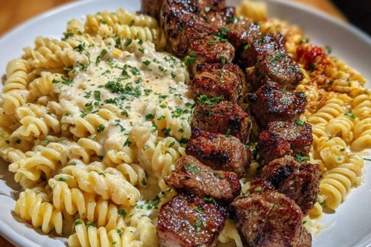 Steak Bites and Cheesy Rotini in Garlic Parmesan Sauce
