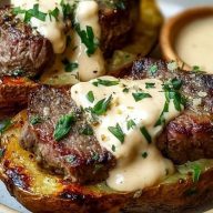 Steak-Stuffed Baked Potatoes with Parmesan Cream Sauce