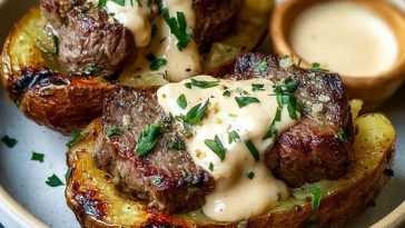 Steak-Stuffed Baked Potatoes with Parmesan Cream Sauce