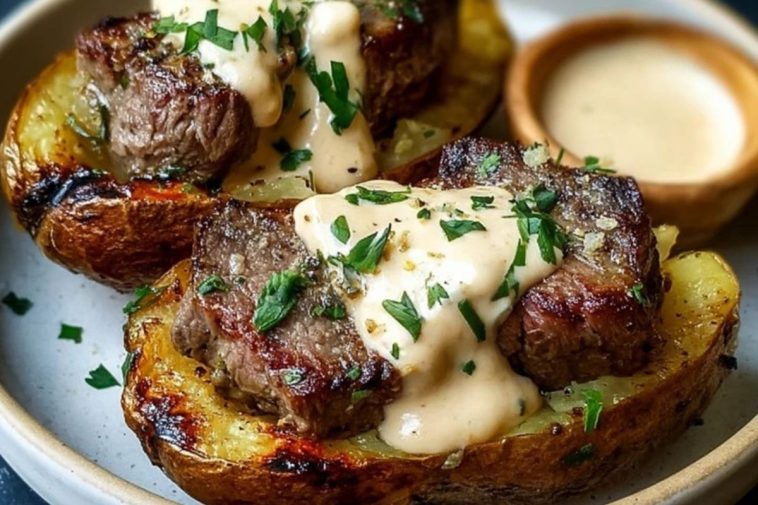 Steak-Stuffed Baked Potatoes with Parmesan Cream Sauce