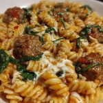 Weeknight Garlic Butter Rotini with Beef, Italian Sausage and Spinach